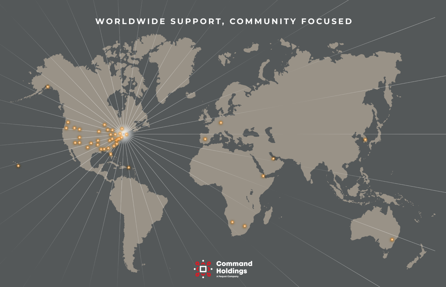 World map marking Command Holdings contract locations across North America, the Caribbean, Hawaii, Europe, the Middle East, Africa, East Asia and Australia, with connecting lines radiating from the U.S. East Coast.
